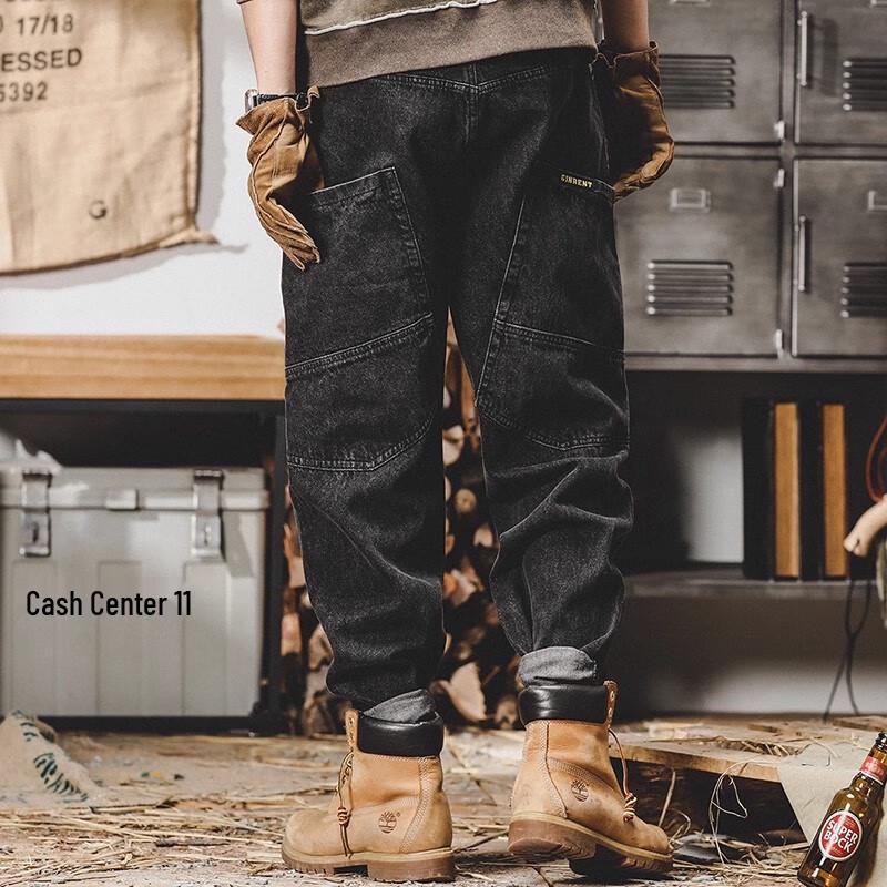 

Jieleinuo Men s American Vintage Loose Fit Denim Cargo Pants 33