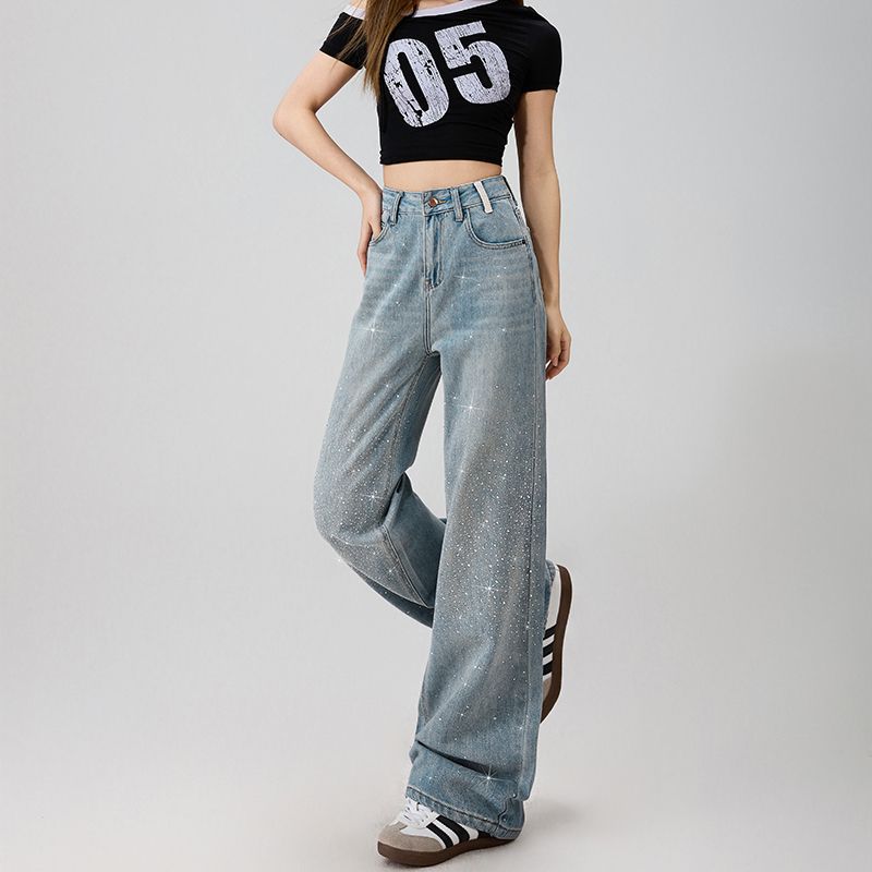 Spring Summer Full Star Rhinestone Decor Light Blue Loose Straight High Street Wide Leg Floor Drape Denim Pants Female Casual Oversize Denim Trousers