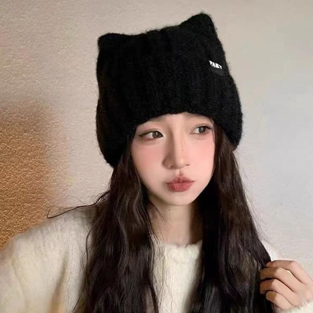 Y2k Cat Ears Hat Wool Women Beanie Hats Lovely Knitted Pullover Hat  Outdoor