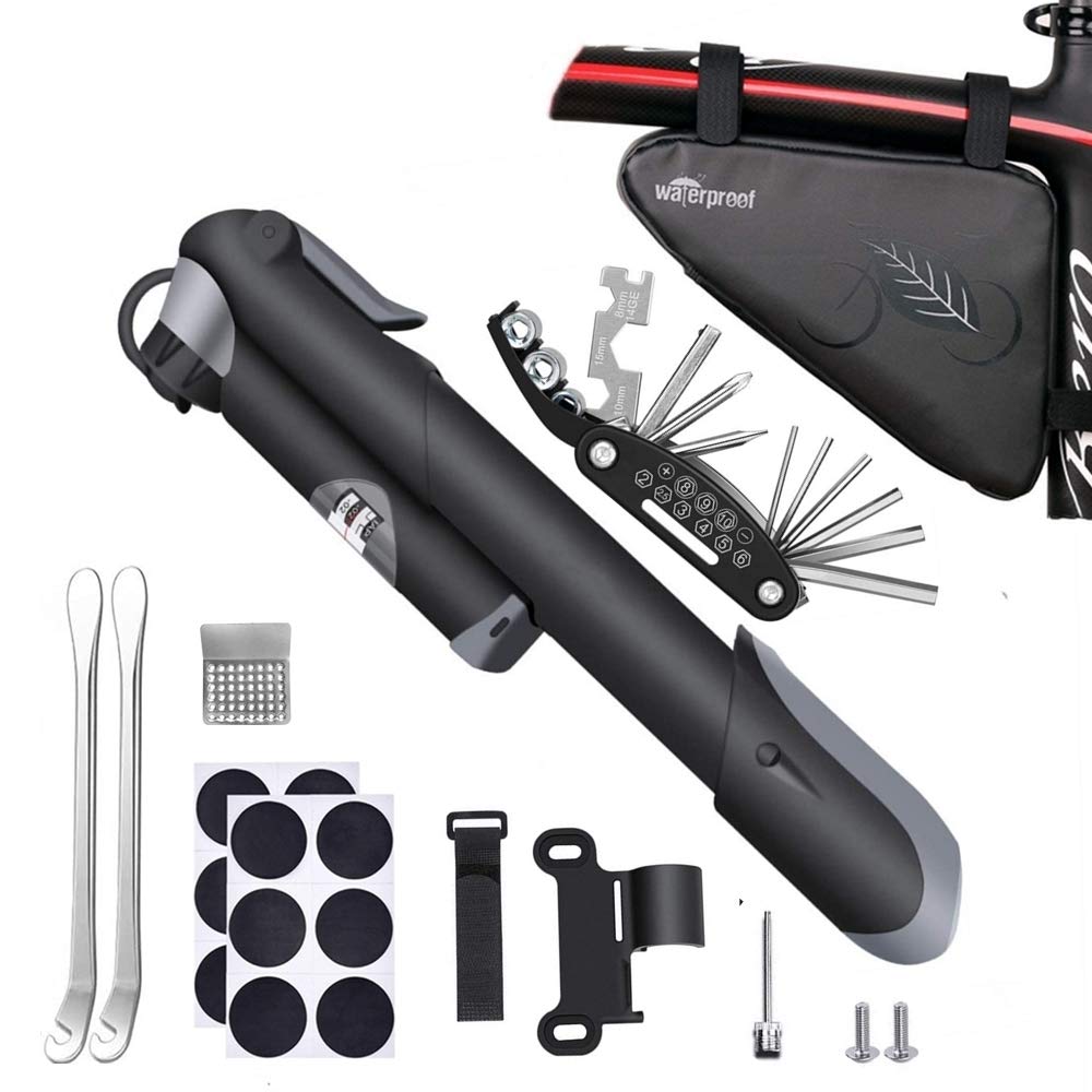 Bike Tire Repair Tool Waterproof Frame Triangle Mini Multifunctional Lever Adhesive Tube Patch Portable Set for Road Mountain Small Kit, Bag, Pump,