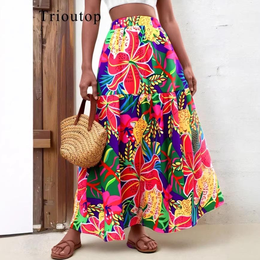 European Style Floral Print High-Waisted Retro Skirt for Women - Summer Collection