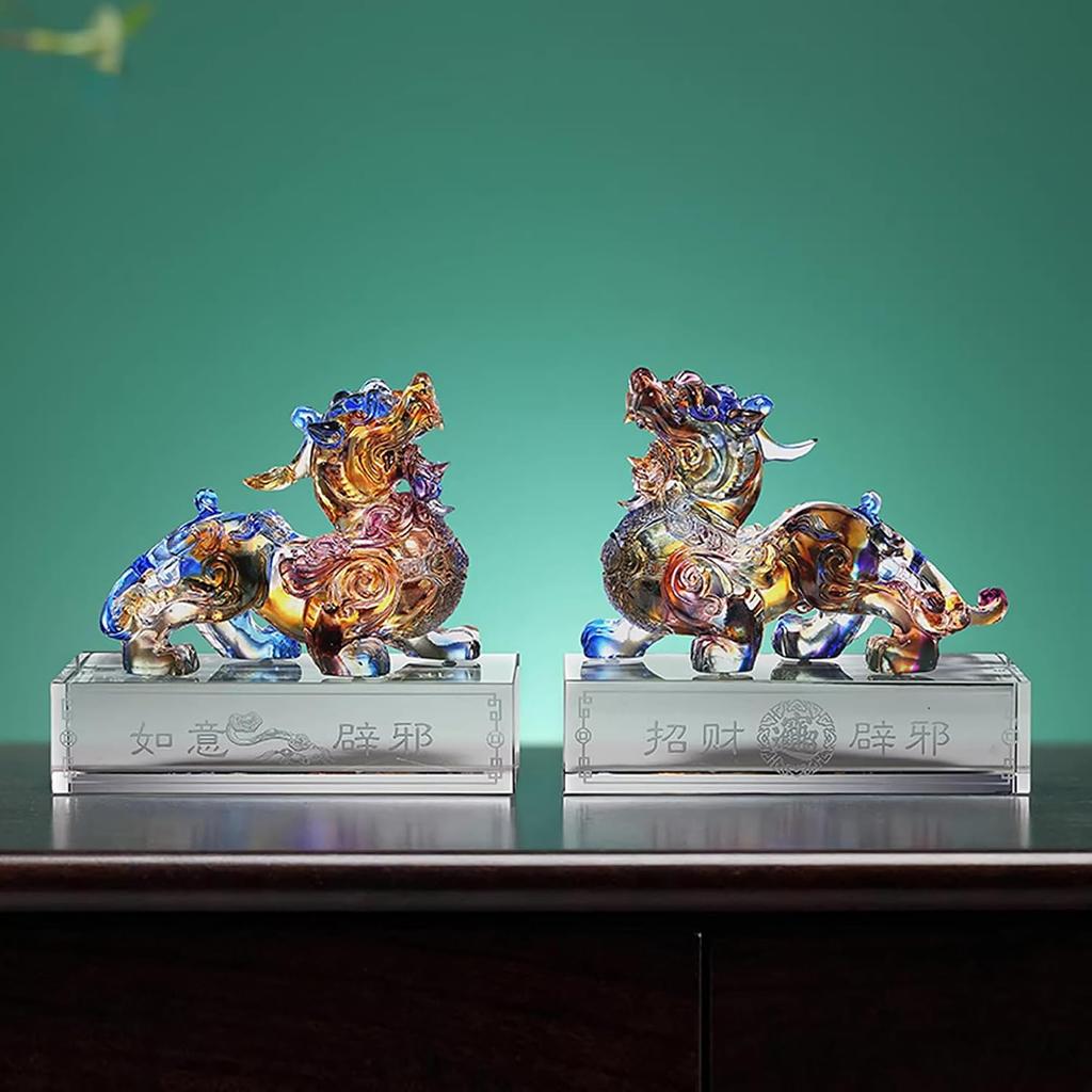 Aris & Juno Liuli Handmade Glazed Pixiu Pair Sculpture, Fortune Wealth Guardian Ruyi Ornament Set, Chinese Style Home Office Desk Decoration, Feng
