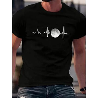 Men's Black Cotton Graphic T-Shirt - Moon Phase Design, Comfortable Round Neck Short Sleeve Tee for Summer & Spring, Casual Sporty Style, Machine