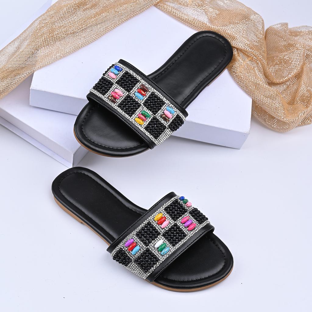 Fashion Women's Rhinestone Slippers 2025 Summer Outdoor Fashion Non-Slip Beach Shoes Comfortable Flat Square Heel Women's Sandals