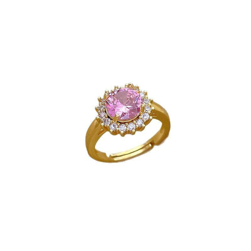 Real Gold Pink Round Full Diamond Ring Opening Adjustable Simple Jewelry Japanese Ring Couple Ring