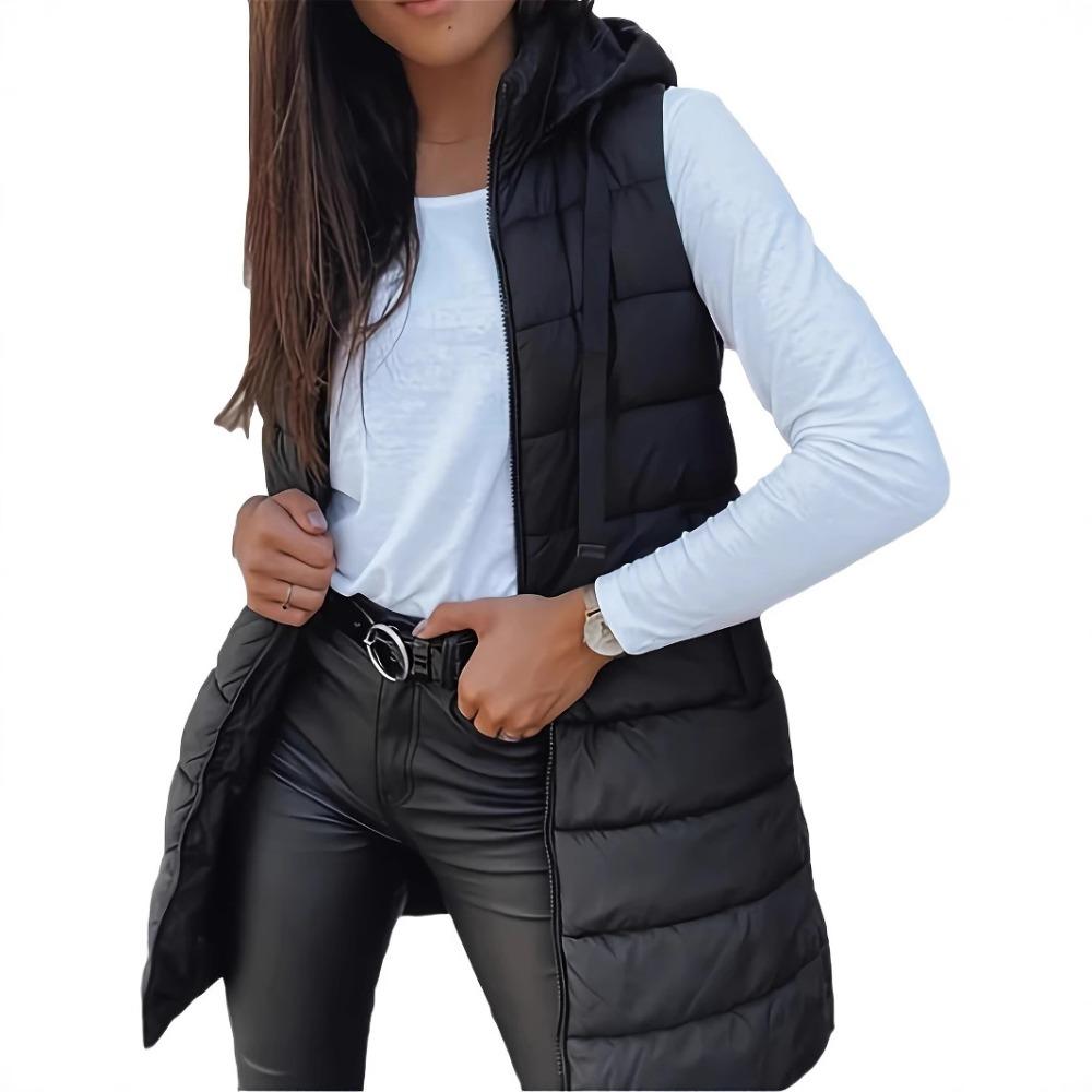 Autumn Winter Solid Color Hooded Zip Cotton Vest Women Mid-Length Plus Size Padded Gilet Coat