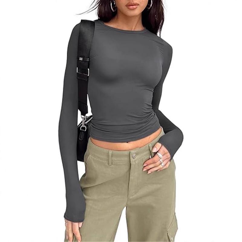 

European American Autumn Winter Bottoming New Solid Color Versatile Long-sleeved Pullover Short T-shirt Top S сірий колір