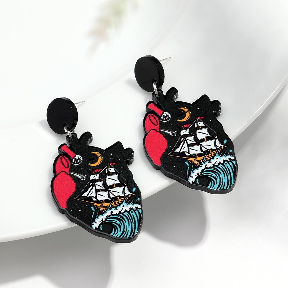Gothic Skull Ticker Acrylic Print Earrings for Women Horror Cartoon skeleton Heart Bottle Pendant Earring Halloween Jewelry Gift