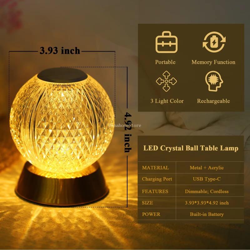 Creative Acrylic Spherical Table Lamp Bedroom Bedside Dimmable Night Desk Rechargeable for Bedroom Bar Restaurant Coffee Shop