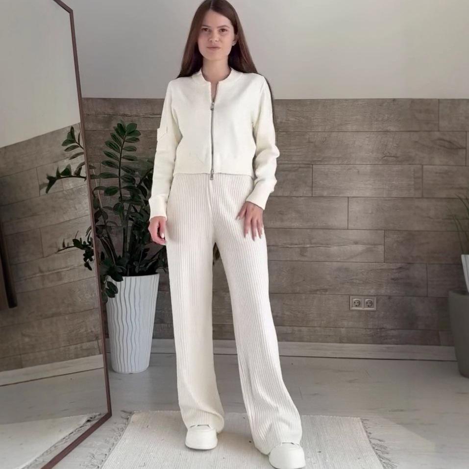 2025 Höst Dam Sportig Casual Långärmad Stickad Kofta och Byxset