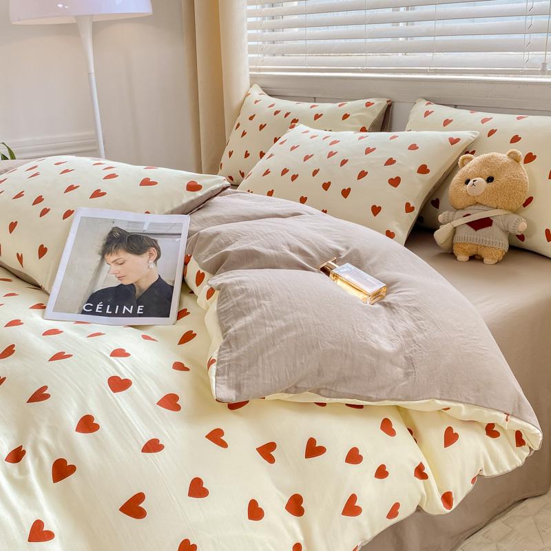 Korean Style Bedding Set Red Heart Twin Queen Size Duvet Cover Flat Sheet Pillowcase Bed Linen Kids Adult Fashion Home Textile