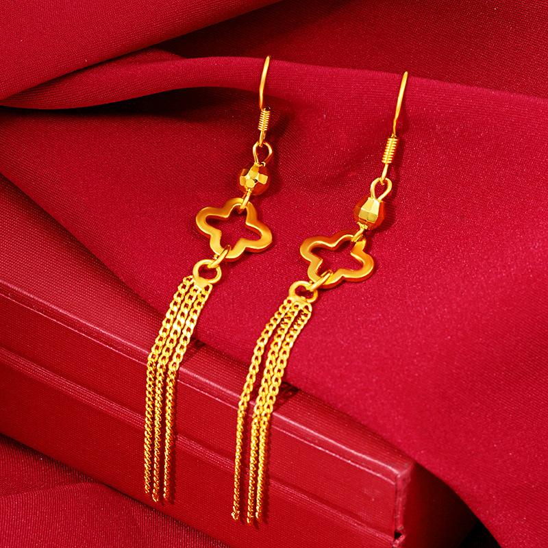 High-Grade Luxury Earwire Four-Leaf Clover Earrings Female Tassel Ear Hooks Long Wedding Jewellery