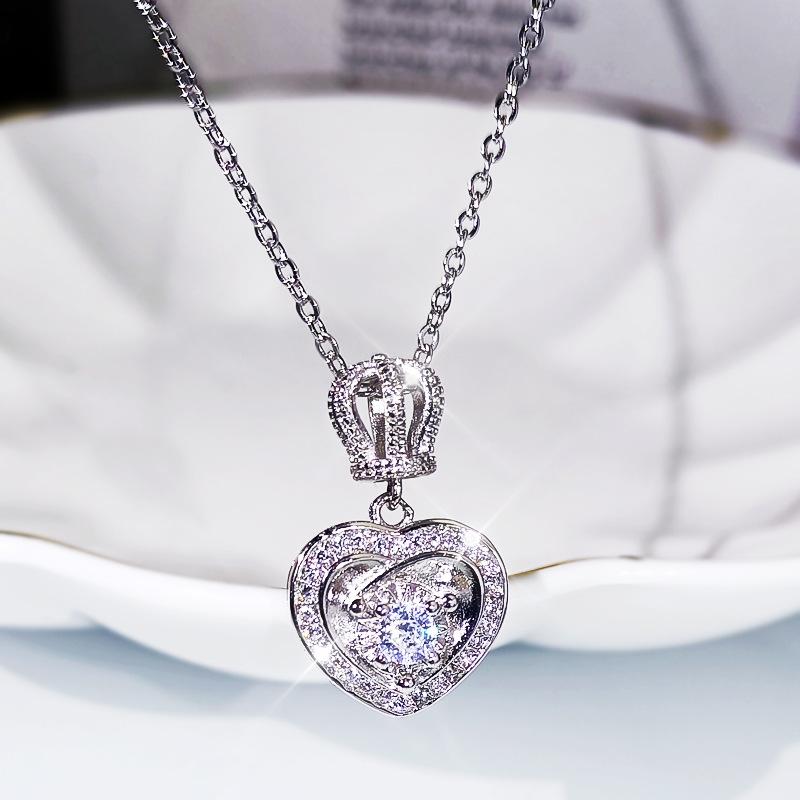 Simple Temperament Heart-shaped Full Diamond Pendant Crown Star Clavicle Chain 925  Zircon Necklace Women's Jewelry