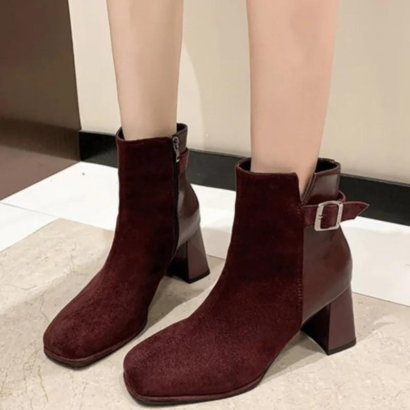 Fashion Winter New Thick Heel Cotton Boots Women's Fashion Square Head Suede Splicing Side Zipper Metal Buckle Non-slip Short Boots