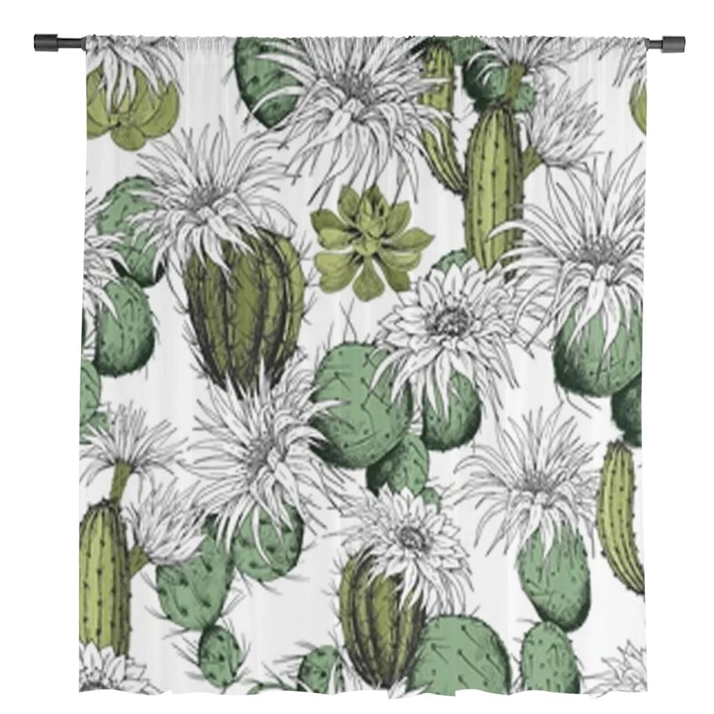 Green Cactus And White Flowers Sheer Curtains Bedroom Voile Curtain Living Room Window Sheer Curtains Kitchen Tulle Drapes