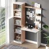 Work Table/Desk with Storage – White with Wood-Strip Contrast, lower cabinet with doors and upper open shelf, office design, 123.5x45x168.5 cm