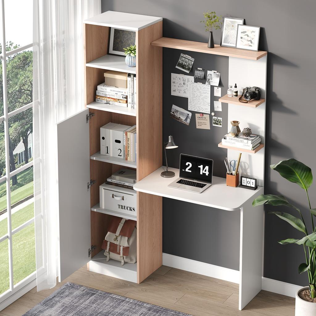 Work Table/Desk with Storage – White with Wood-Strip Contrast, lower cabinet with doors and upper open shelf, office design, 123.5x45x168.5 cm