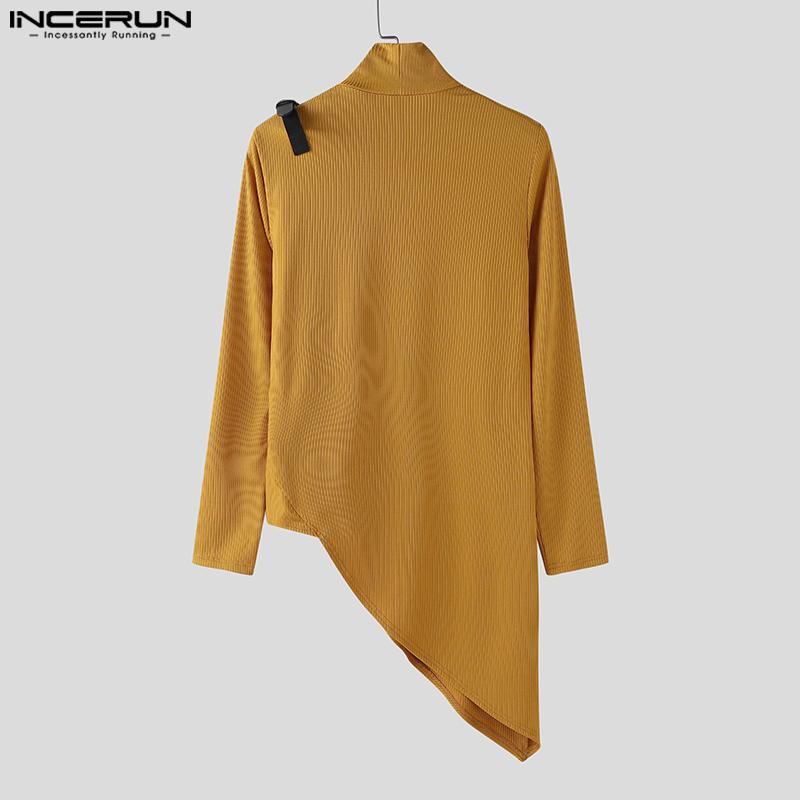 INCERUN Men's High Neck Patchwork Long Sleeve Splits Irregular Rib T-shirts Undershirts