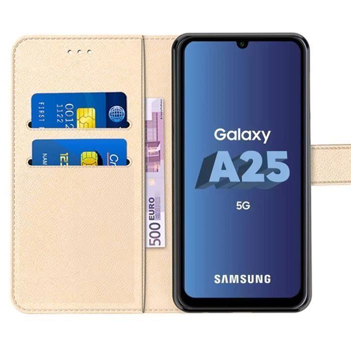 Skal för Samsung Galaxy A25 5G - BOOLING - Stötsäkert i Guld Syntetiskt Läder - Kortficka och Ställ med 2 Härdade Glas