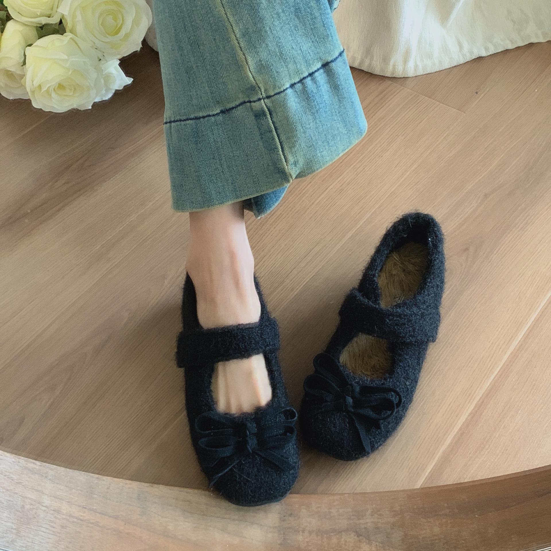 

Внутреннее увеличение высоты бант фея ветер пух обувь женская верхняя одежда 2025 осень и зима маленький человек бархат Мэри Джейн одинарная обувь 40 чёрный