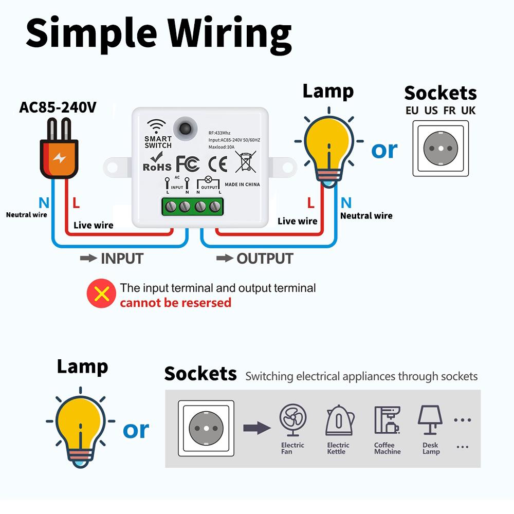 433MHz RF Wireless Remote Control Switch Home 110V 220V 10A Mini Controller House Light Switch