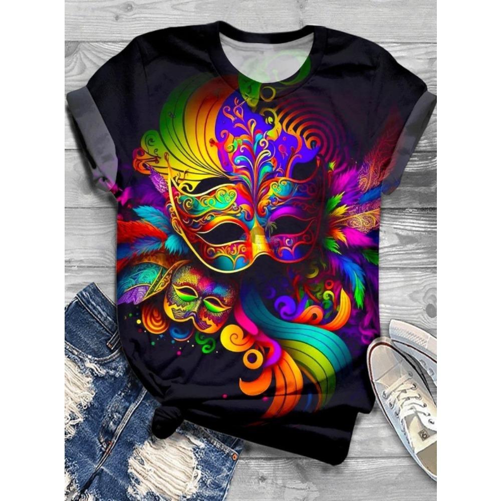 T-shirt d'été pour femme Magnifique Imprimé Masque Manches Courtes T-shirts Hauts Imprimés Décontractés