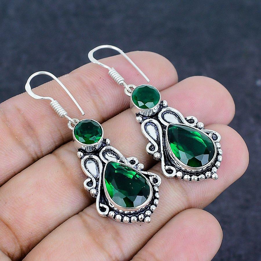 Natural Chrome Diopside Gemstone Handmade 925 Sterling Silver Earring 1.97" y5O01