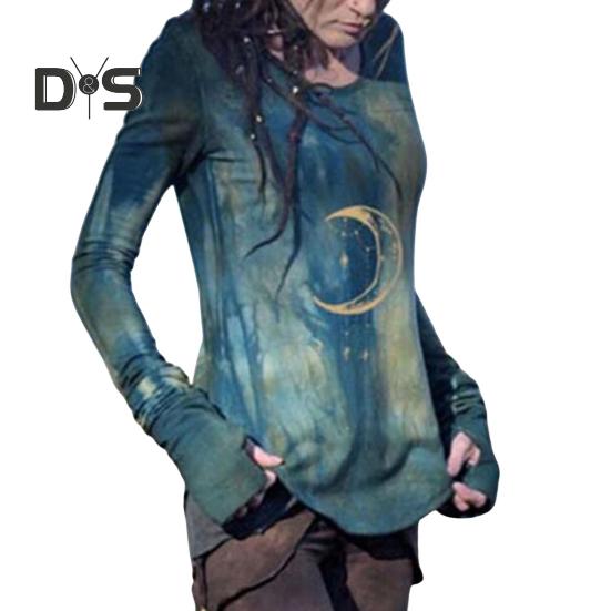 Damer Topper Rund Hals Langermet Månetrykt Skjorte Slim Fit Middels Lengde Elastisk T-skjorte Hverdagsklær