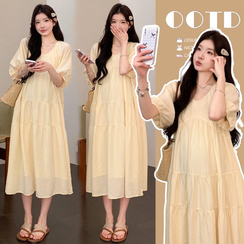 

Real Shot Korean Style V-Neck Plus Size High-Waisted Maternity Dress for Petite Women L жёлтый