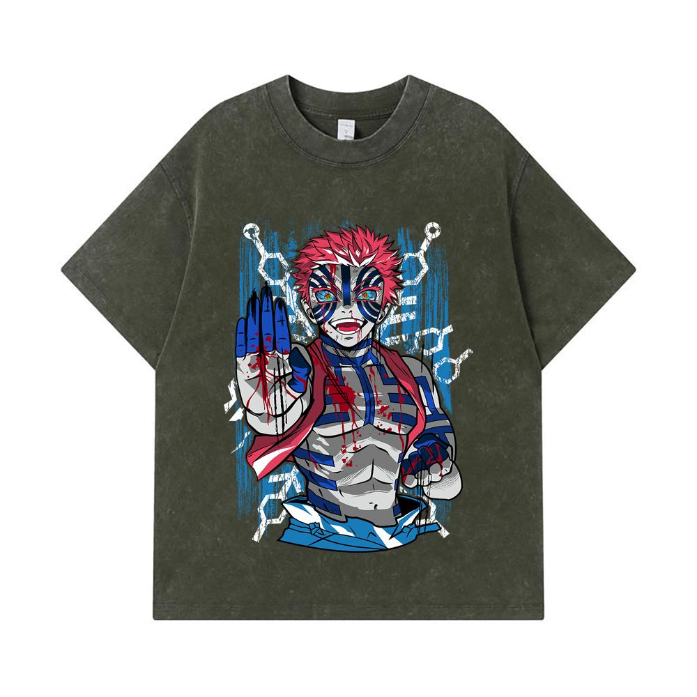 

275 GSM Washed T-shirts 100% Cotton Demon Slayer V79 Akaza Print Unisex Heavy Cotton T Shirt S армия зеленый