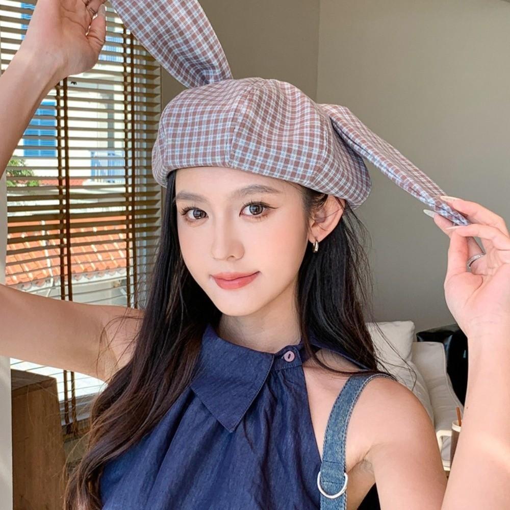 Versatile Plaid Beret Big Head Circumference Spring Painter Cap Retro Women Artist Hat  Ladies