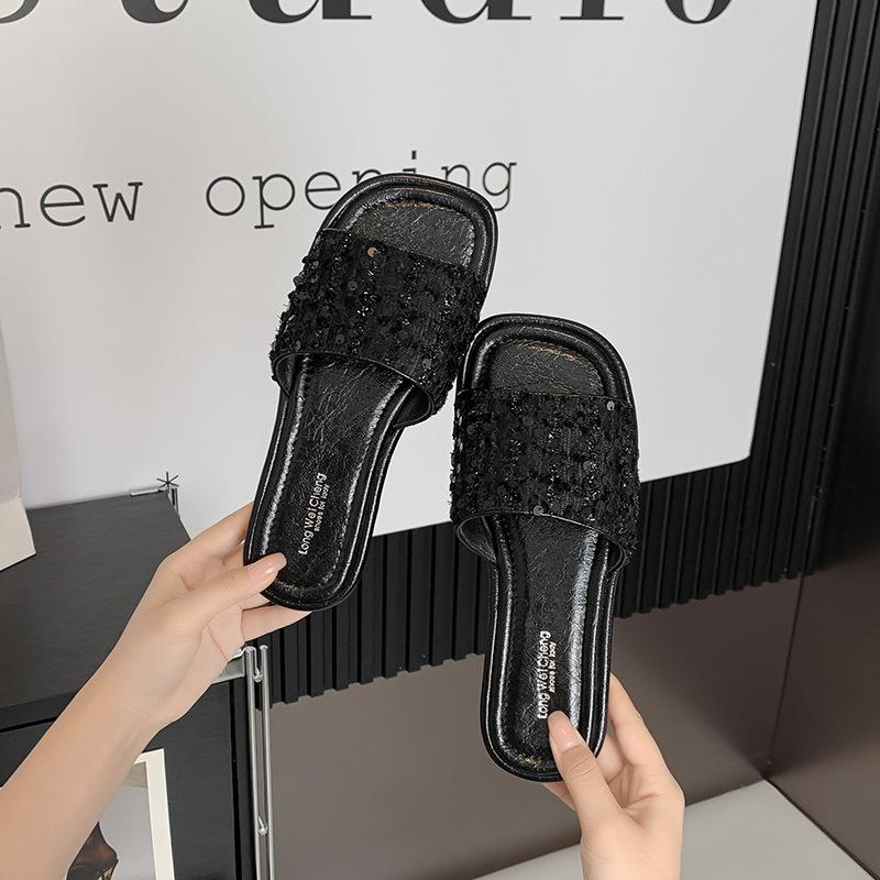 Fashion 2025 Glitter Sequins Shoes Ladies Flipflops Summer Silver Slippers Slip On Slides Woman Open Toe Flats Sandalias Mujer Pantuflas