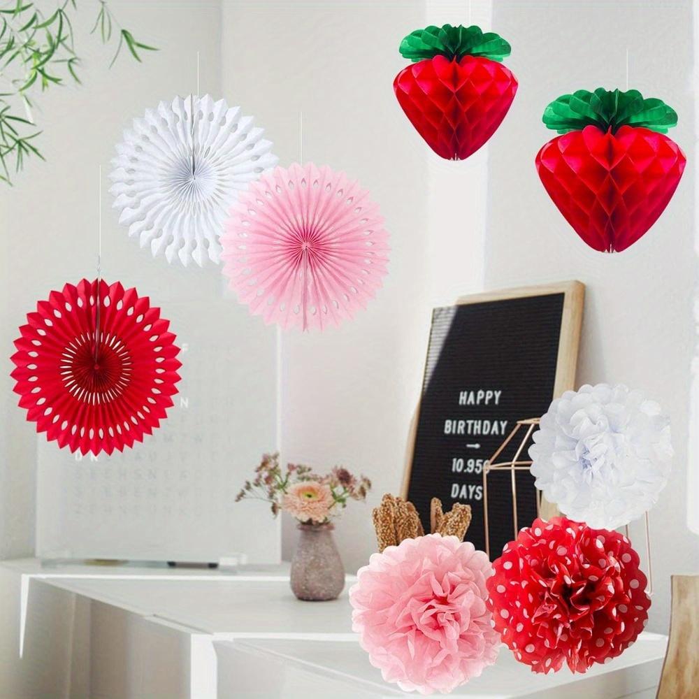 22pcs Strawberry Party Tissue Pom Poms Red Pink White Decorations Set Tissue Fans Honeycomb Lanterns Banner Flags for Birthday Bridal Showers Baptisms