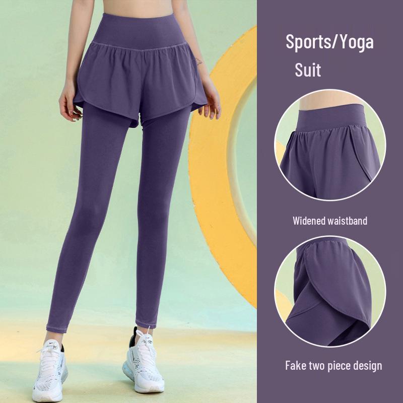 Women's Fleece-Lined Butt-Lifting Yoga Pants, Fake Two-Piece, Quick-Drying, Slimming, Perfect for Running and Tennis.