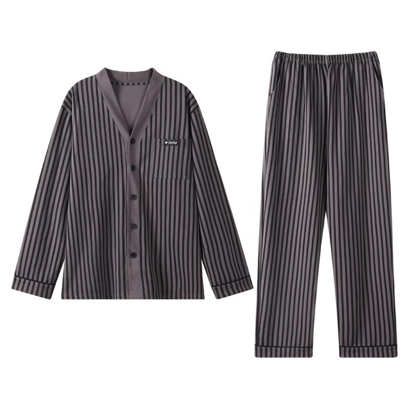 Pijama Masculina de Algodão de Manga Comprida com Listra V e Cardigan - Roupa Casual para Primavera/Outono
