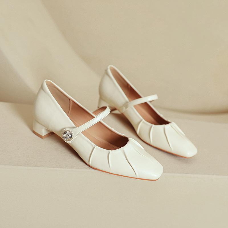 French Mary Jane shoes 2025 new spring and autumn women's shoes square head low heel single shoes one word with high heels women's thick heel