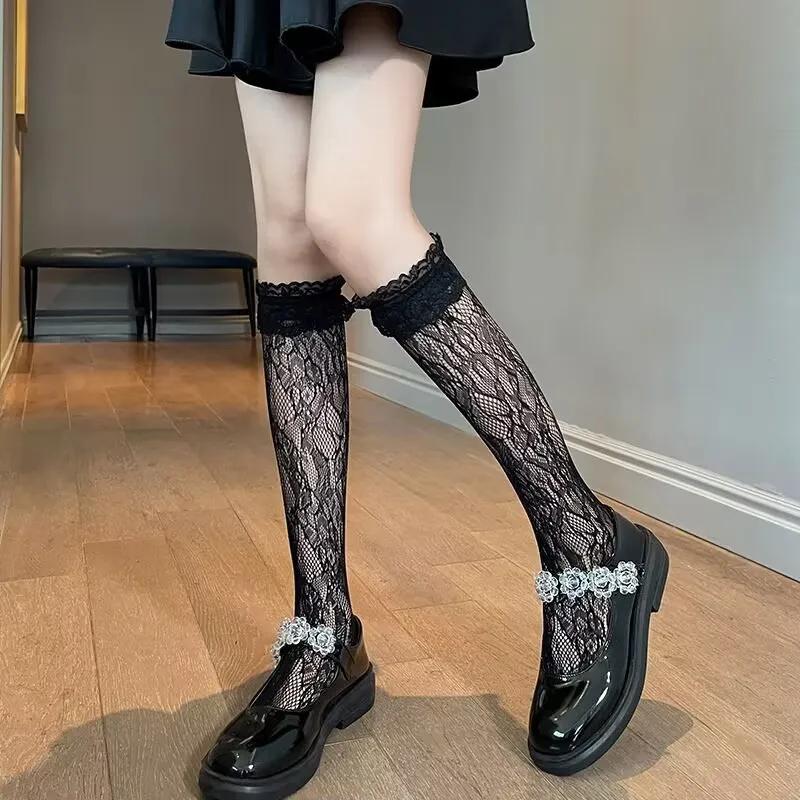 New Lolita Long Tube White Lace Mesh Female Over-knee High-tube Thigh Middle-tube Calf Socks Thin Section Jk Black And White