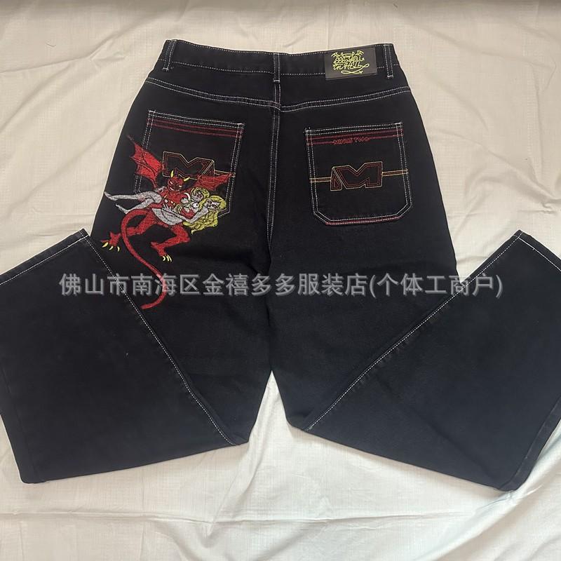 Mens Oversized Straight Fit Denim Pants With Embroidered Angel Devil Design Hip Hop Streetwear