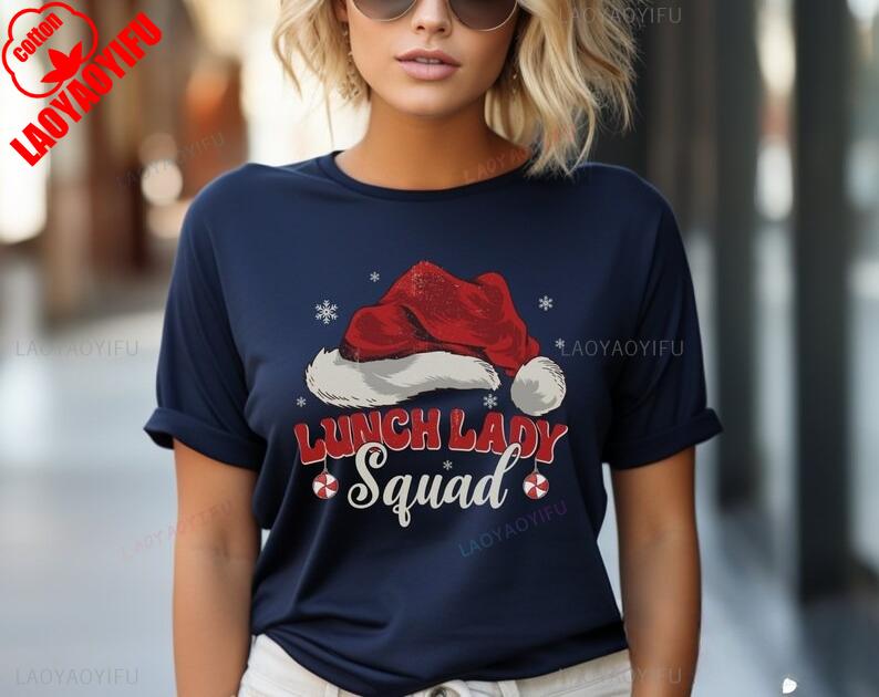 Lunch Lady Christmas Hat Crew Cafeteria Worker School Gift Graphic Allmatch High Quality Cotton Crewneck Tops Tee Shirt Short