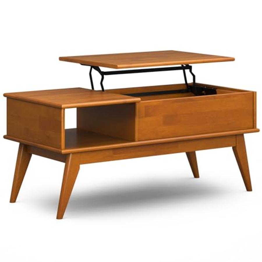 Lift Top Coffee ble - 48 h Wide Solid Wood Mid-Ceny Modern Coil ble in Teak Brown, Functional LivinRoom ble wi Storage Compartm