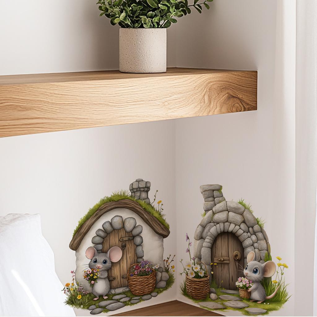 Hand-Painted Flowers & Mouse Hole Wall Stickers, Artistic Decals for Bedroom Living Room Entryway Decor, Self-Adhesive