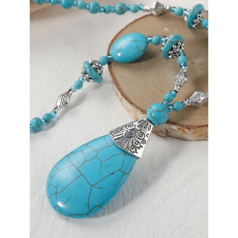 Turquoise Stone Beaded Necklace With Water Drop Pendant Blue Green Beads Layered Look Daily Jewelry For Women Casual Commuter Style 41-50 Cm