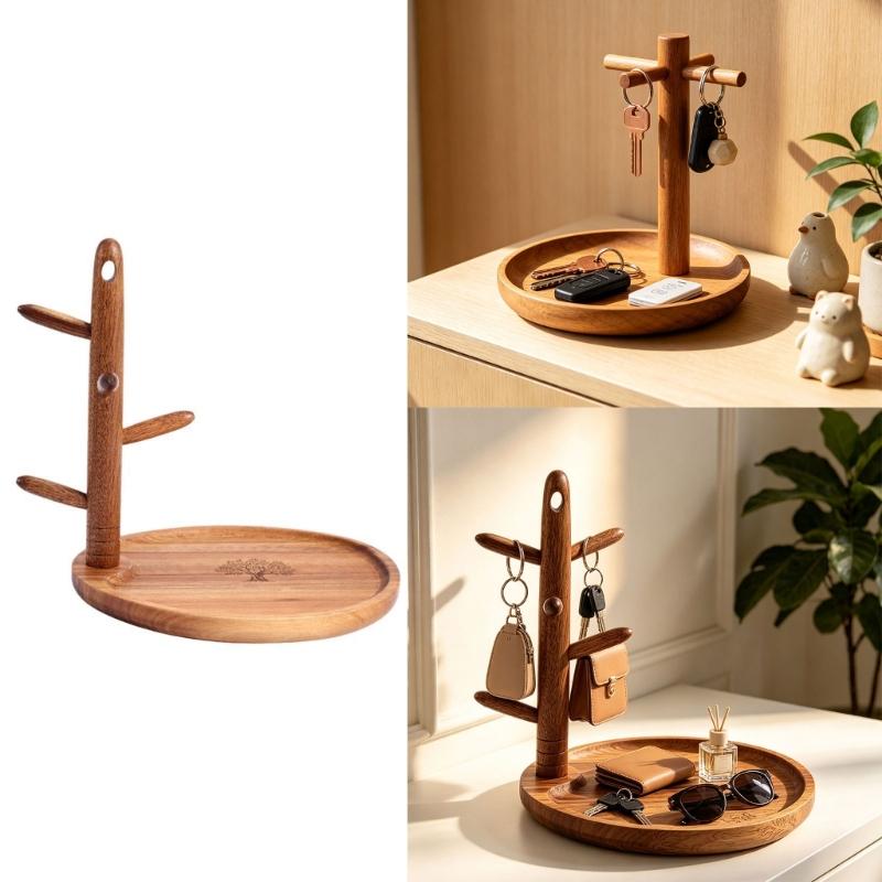 Entryway Key Holder Stand with a Warm Brown Wood Look, 5 Separate Arms, and a Catchall Tray for Frequently Used Personal Accessories