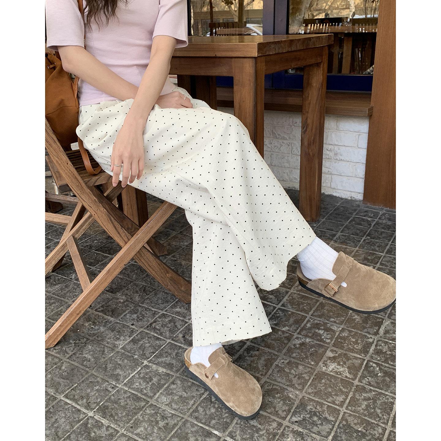 

Lu Xiaotuan Women s Korean Polka Dot Wide-Leg High-Waist Pants - Slimming, Straight, Loose Fit. Medium бежевый