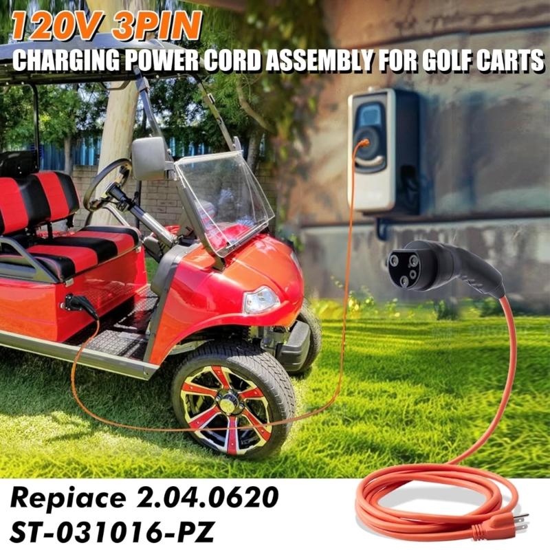 EV Charger Replacement Cord 10ft Length 3 Prong 120V Input Weather Resistant Construction For Multiple Golf Cart Brands