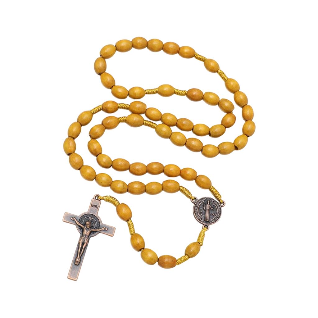 Wooden Rosary Beads Necklace with Cross Pendant Religious Prayer Beads Catholic Rosary Chain with Metal Medals and Crucifix Pendant