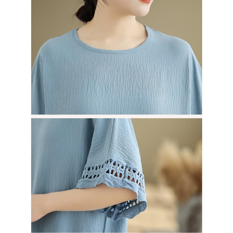 DIMANAF 2025 New Summer Plus Size T-Shirt Women Short Sleeve Solid Basic Hollow Vintage Loose Tops Tees Maxi