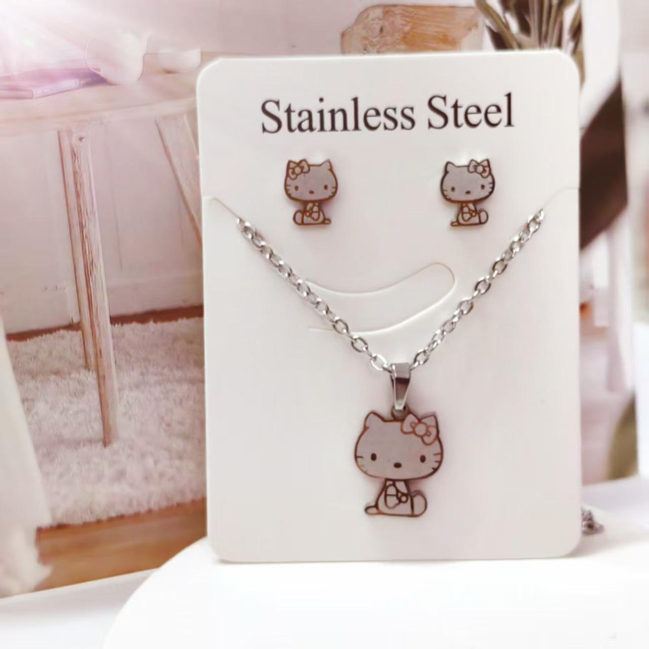 Korean Style Sweet KT Cat Two-Piece Set: Cute, Versatile Titanium Steel Earrings