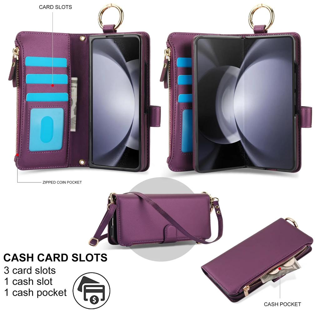 Crossbody Leather Phone Case with Card Holder Zipper Wallet Wristband for Samsung Galaxy Z Fold 7 6 5 4 3 Kickstand Cover