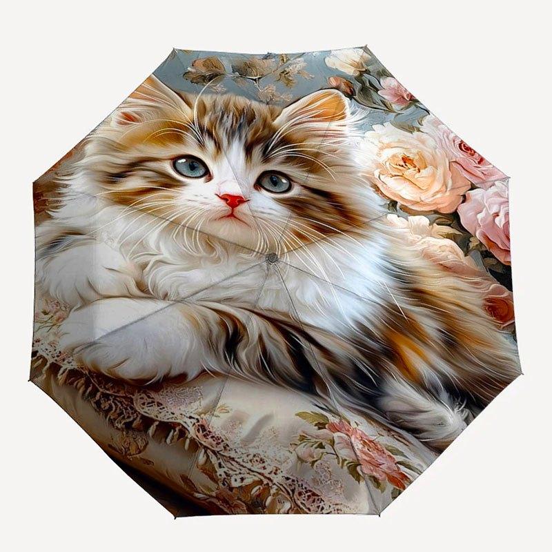 Floral Pillow with Cute Kitten Design-Soft and Comfortable Home DecorUmbrella with Cute Design,Portable 3-Fold Compact Umbrella for Men&Wome